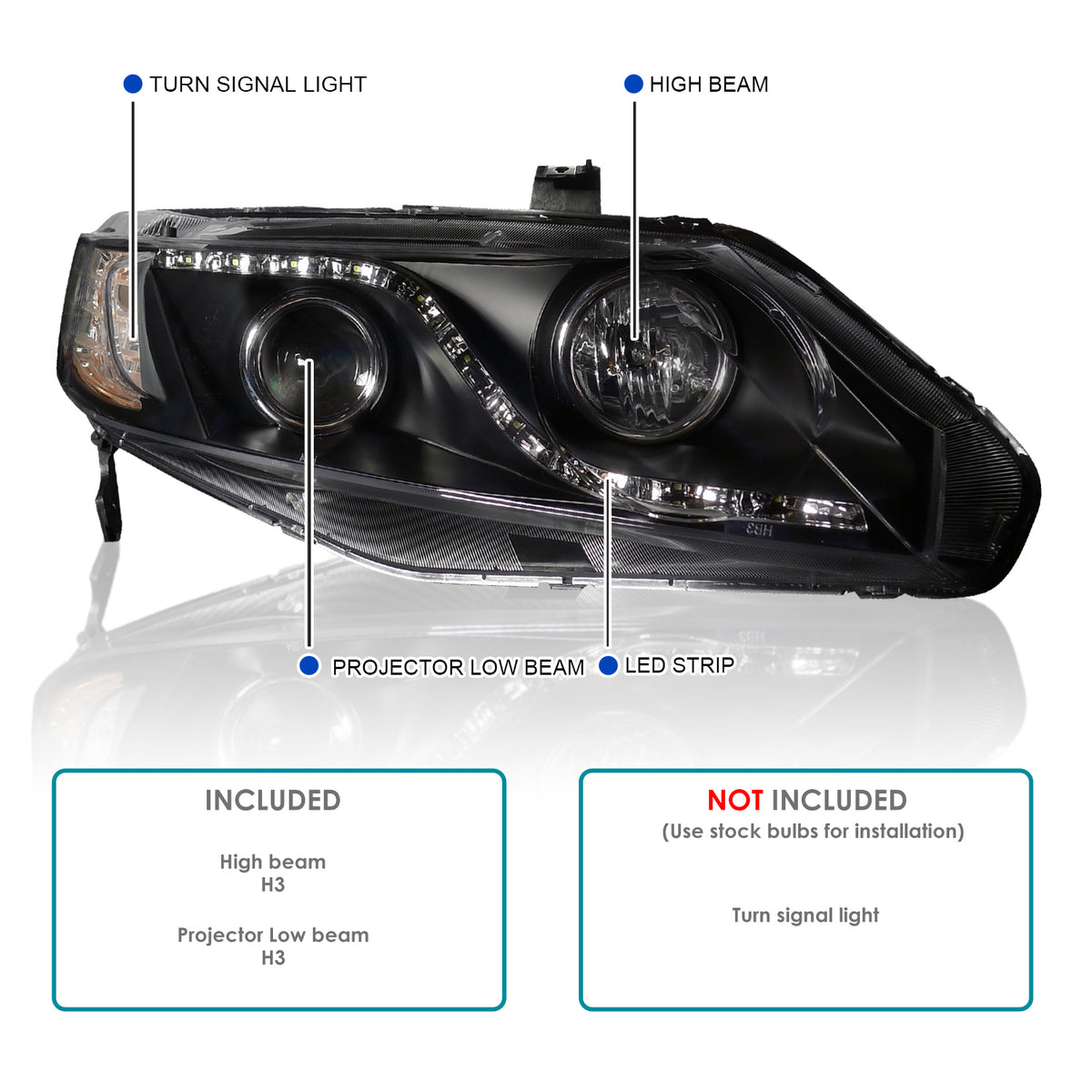 Spec-D Tuning LED Headlights Black Compatible with 2006-2011 Honda Civic 4 Door Sedan, Left + Right Pair Headlamps Assembly