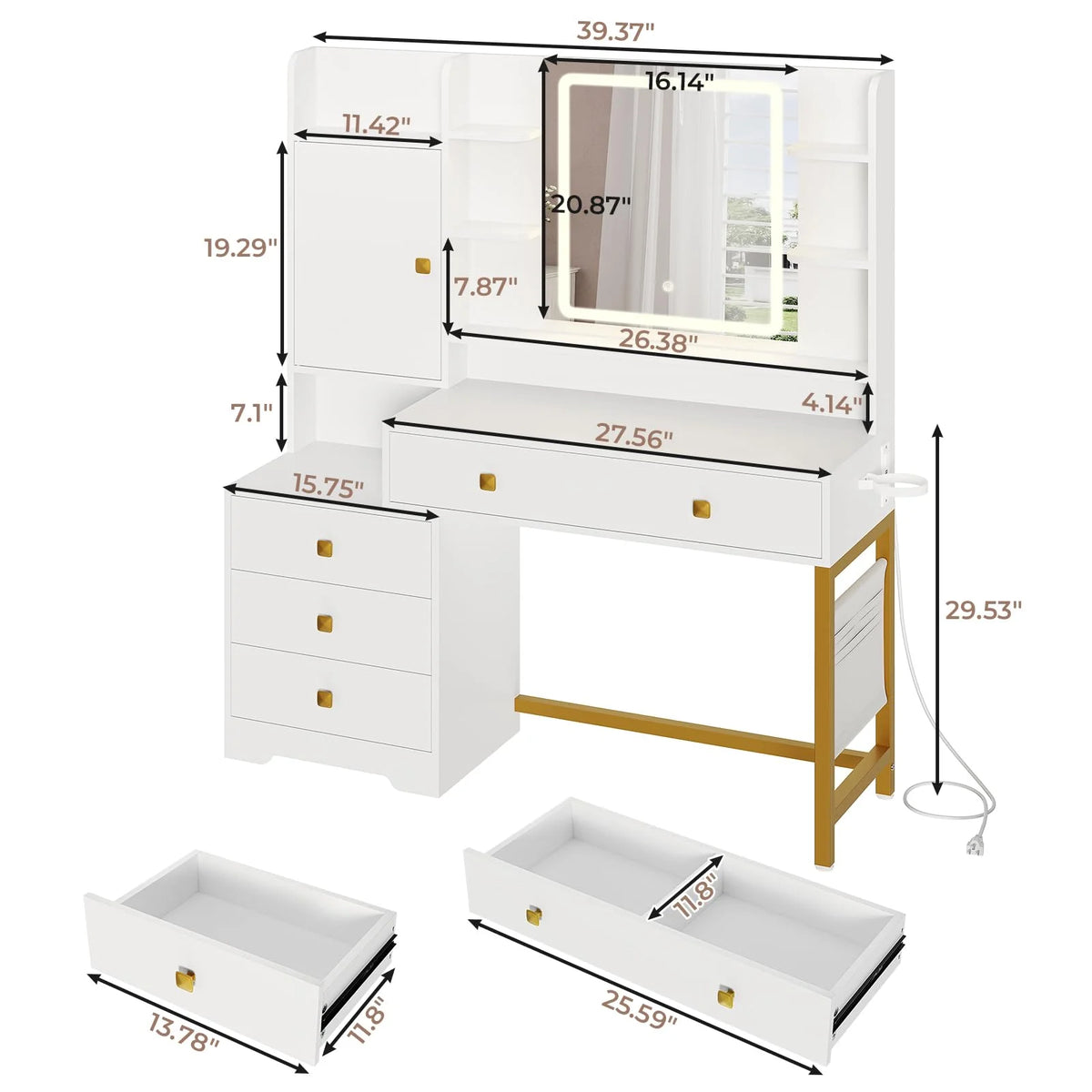 Aunfebrco White Vanity Desk Makeup Vanity Table with Mirror and Lights and Charging Station, Large Dressing Table with Storage Cabinet&6 Drawers&4 Storage Shelves for Bedroom