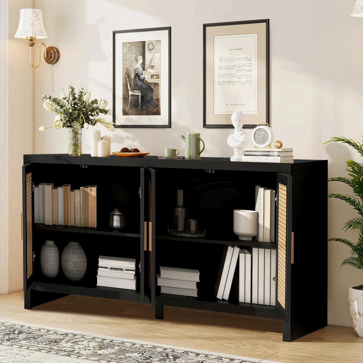 Modern Rattan Sideboard Buffet Cabinet, Kitchen Storage Cabinet, Living Room TV Stand for TVs up to 65", Entertainment Center with Adjustable Shelf, for Dining Living Room Hallway, White