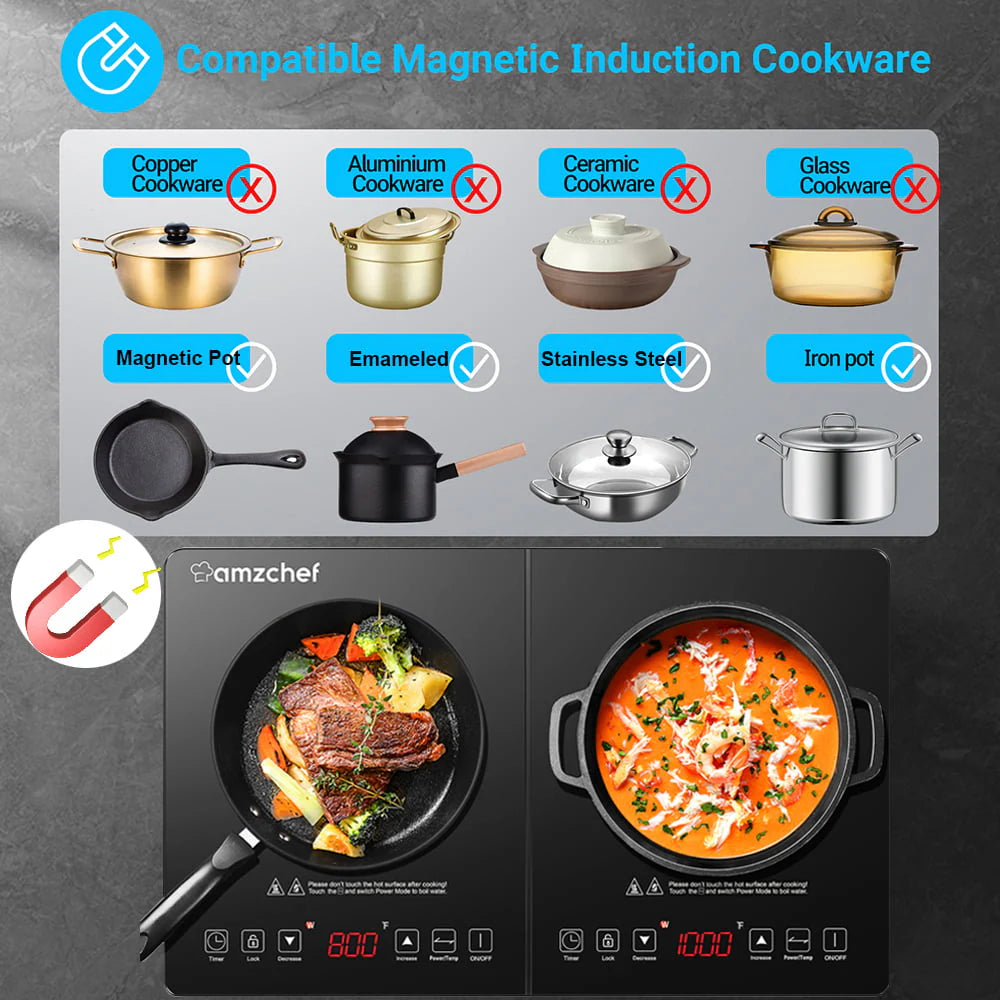 AMZCHEF 1800W Double Induction Cooktop Low Noise with Independent Control 2 Burners, 10 Temperature, 9 Power Levels, 3-hour Timer & Child Safety Lock