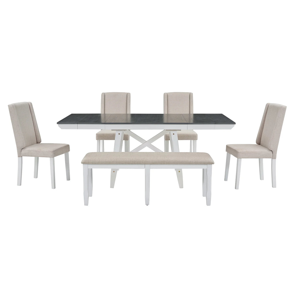 6 Piece Extendable Dining Table Set, Atumon Wood Dining Room Set for 6, Dining Table Set with 4 Beige Cushioned Chairs and Bench, Farmhouse Dining Table Set Furniture for Kitchen Dining Room, Natural