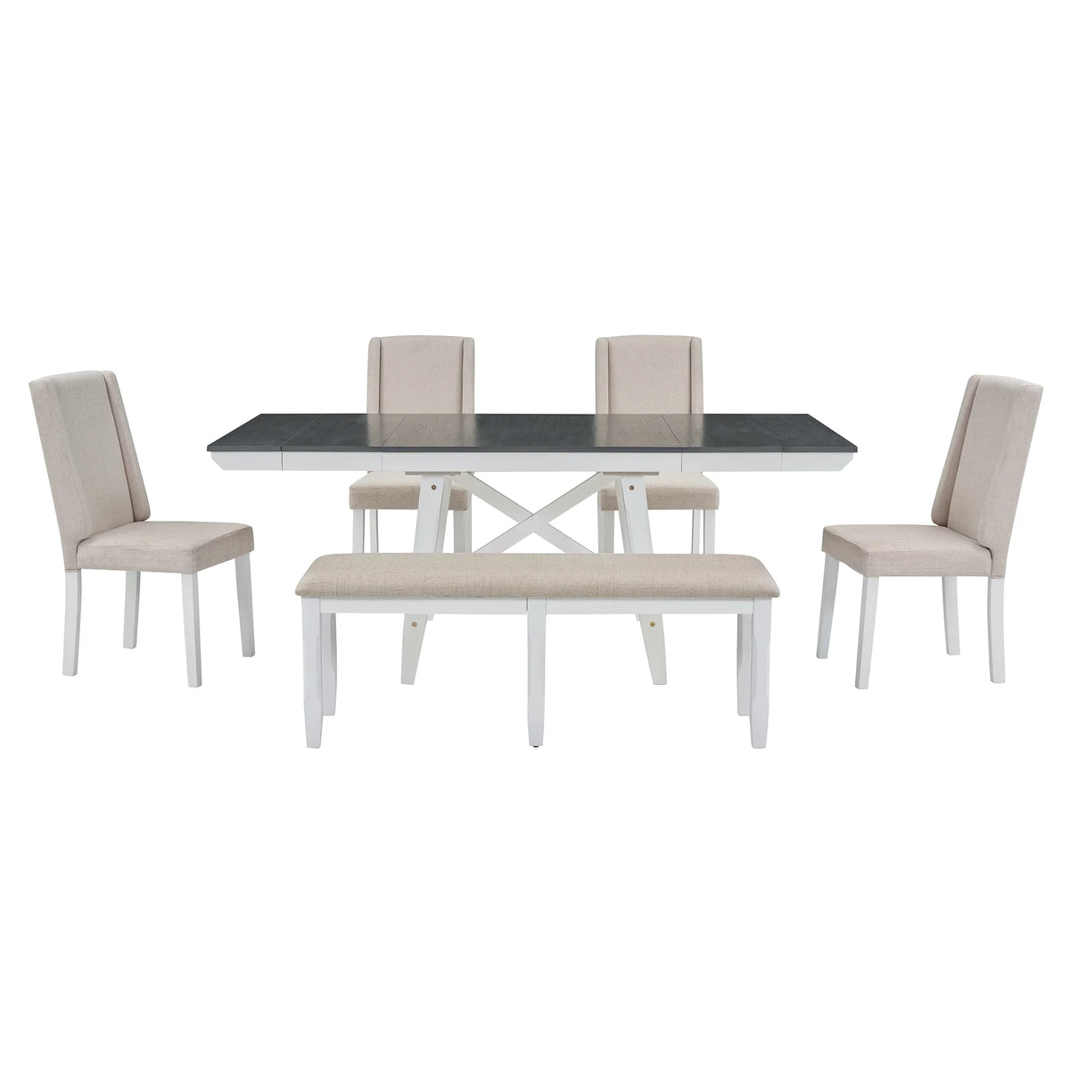 6 Piece Extendable Dining Table Set, Atumon Wood Dining Room Set for 6, Dining Table Set with 4 Beige Cushioned Chairs and Bench, Farmhouse Dining Table Set Furniture for Kitchen Dining Room, Natural