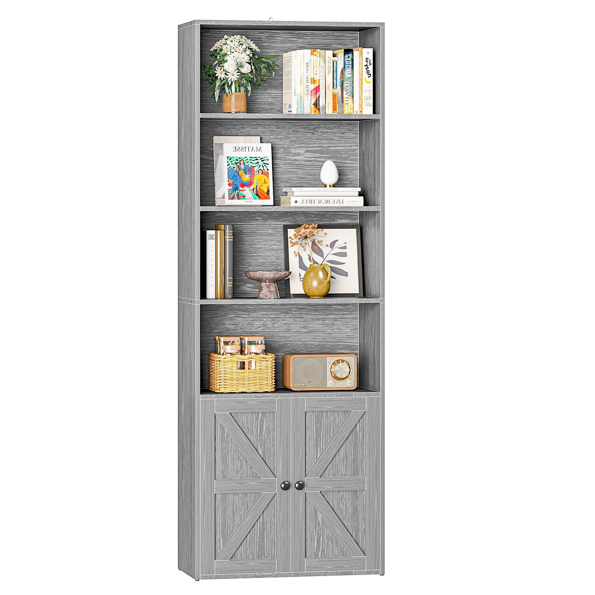 Furmax 1 Piece 4-Shelf Farmhouse Bookcases 4-Tier Bookshelf with Adjustable Shelves&Doors,Storage Cabinet for Home Living room,Kitchen,Office,White