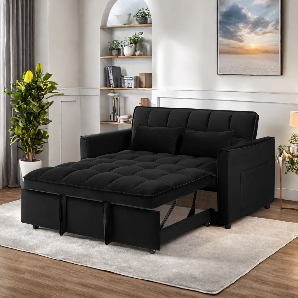 Convertible Sofa Bed,3-in-1 Sleeper Sofa with Pull Out Bed,Sleeper Futon Couch Loveseat with Adjsutable Backrest and Pillows for Living Room,Black