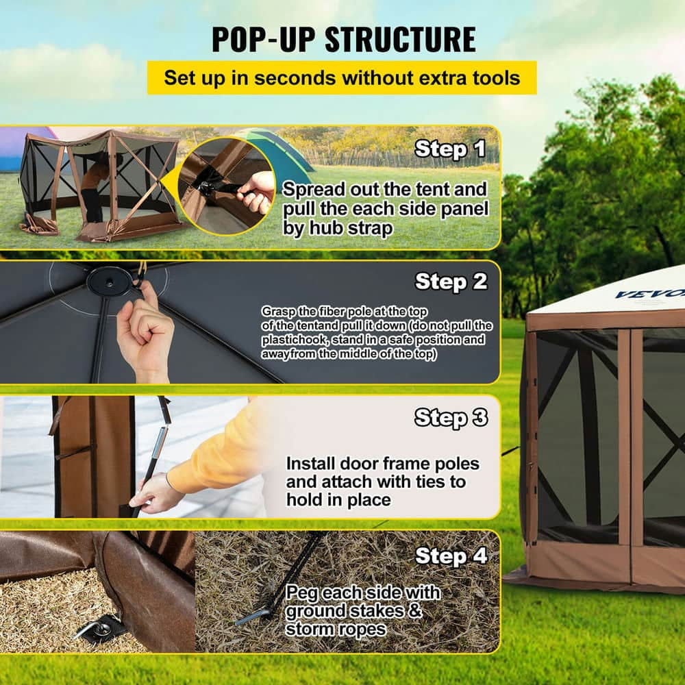 Topcobe 12*12ft Camping Screen Tent, 6 Sided Pop-up Canopy Shelter Tent with Mesh Windows, Large Shade Tents for Outdoor Camping, Lawn and Backyard, Portable Carry Bag