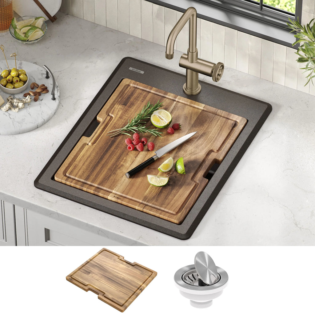KRAUS Bellucci 18 Granite Composite Workstation Drop-In Top Mount Single Bowl Kitchen Bar Sink in White with Accessories