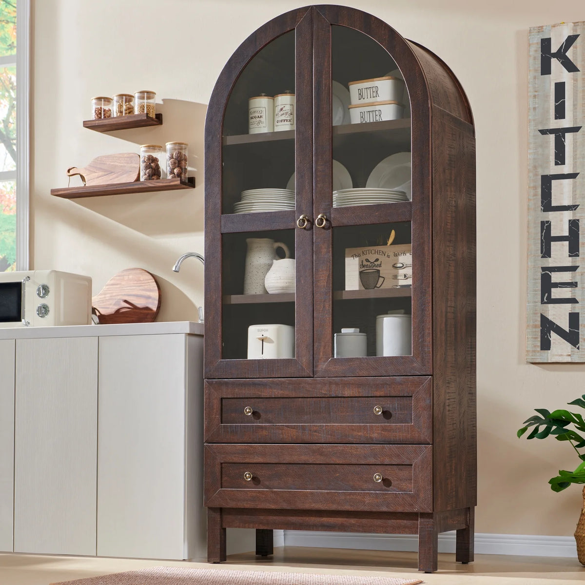 SinCiDo Arched Kitchen Pantry Storage Cabinet, 71-Inch Tall Wood Adjustable Shelves, 2 Doors, 2 Drawers
