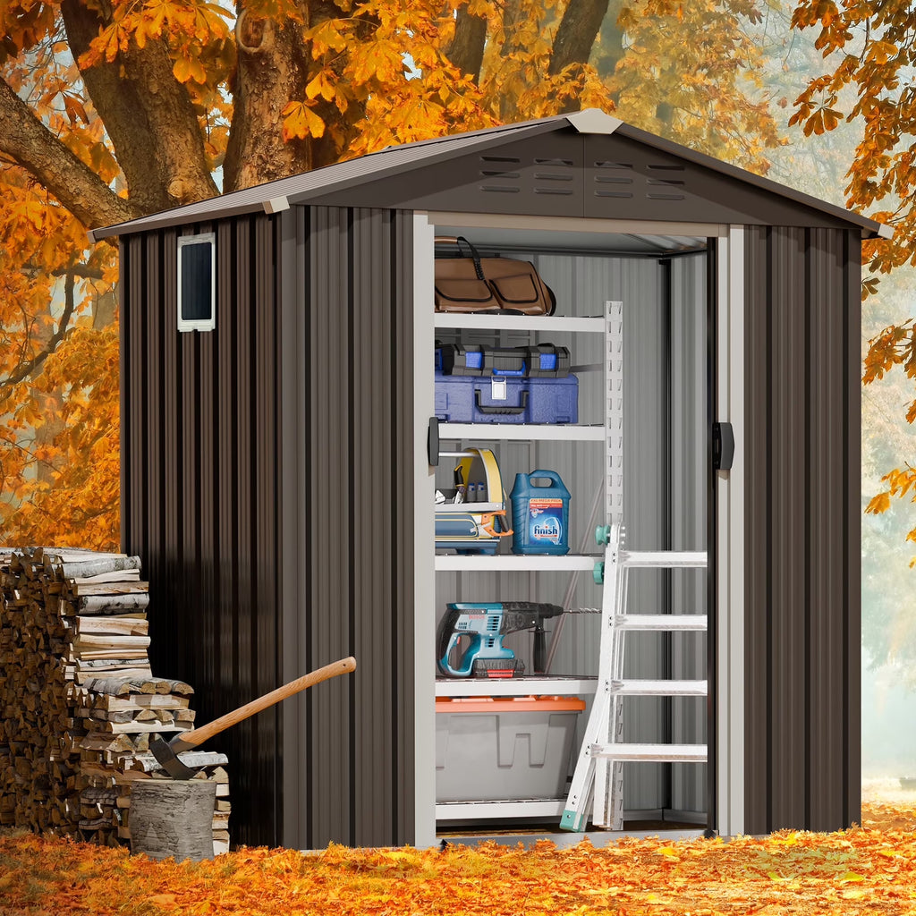 Walsunny 6X4 FT Outdoor Storage Shed,Waterproof Metal Garden Sheds with Lockable Double Door Weather Resistant Steel Tool Storage House Shed Grey