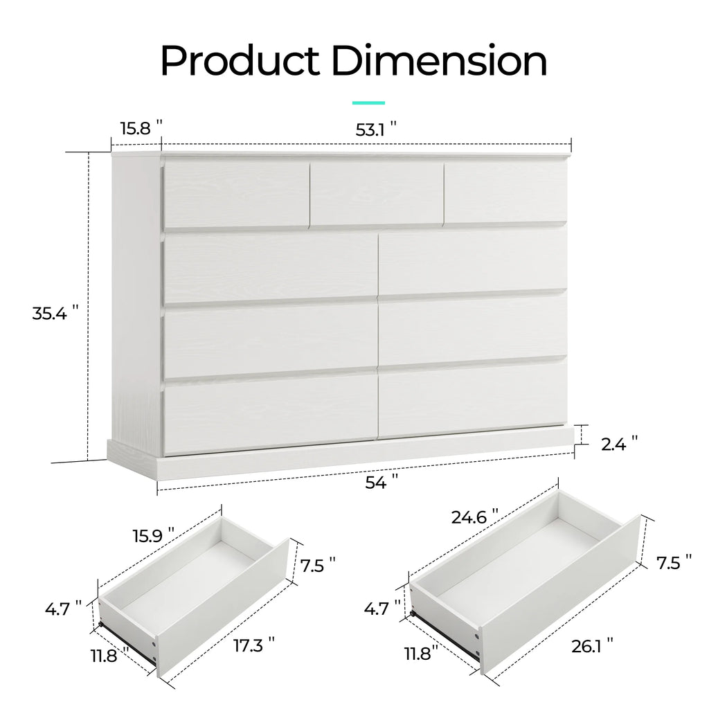 Linsy Home Modern Wood Dressers for Bedroom, Wide Chest of 9 Drawers, White