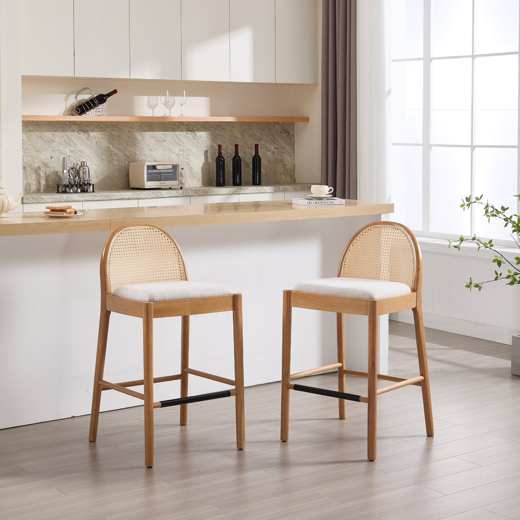 Guyou Modern Bar Stools Set of 2, 26" Counter Height Bar Stools with Natural Rattan Back and Solid Wood Frame, Sherpa Upholstered Kitchen Island Chairs for Bar Island Cafe Kitchen, Black