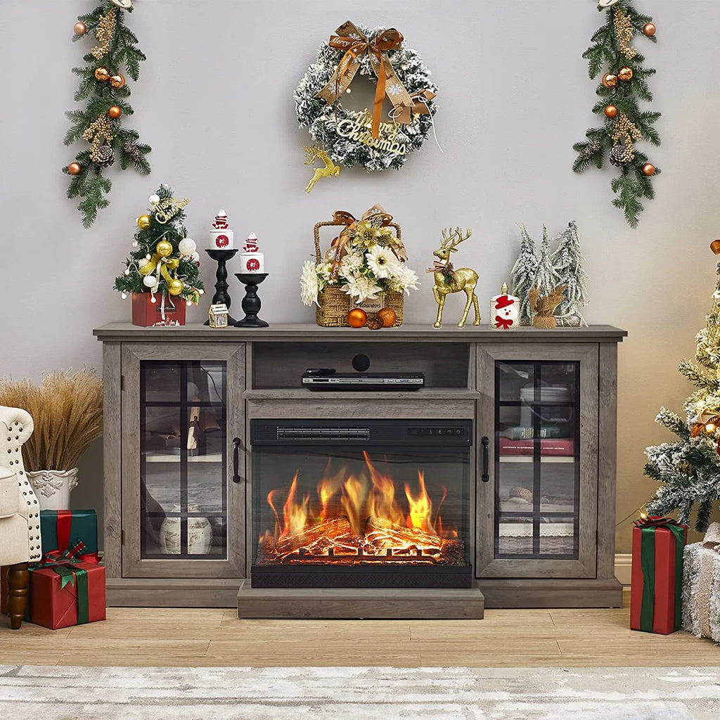 Merluxy 75in 3-Sided Glass Fireplace TV Stand for TVs up to 85", Distressed White