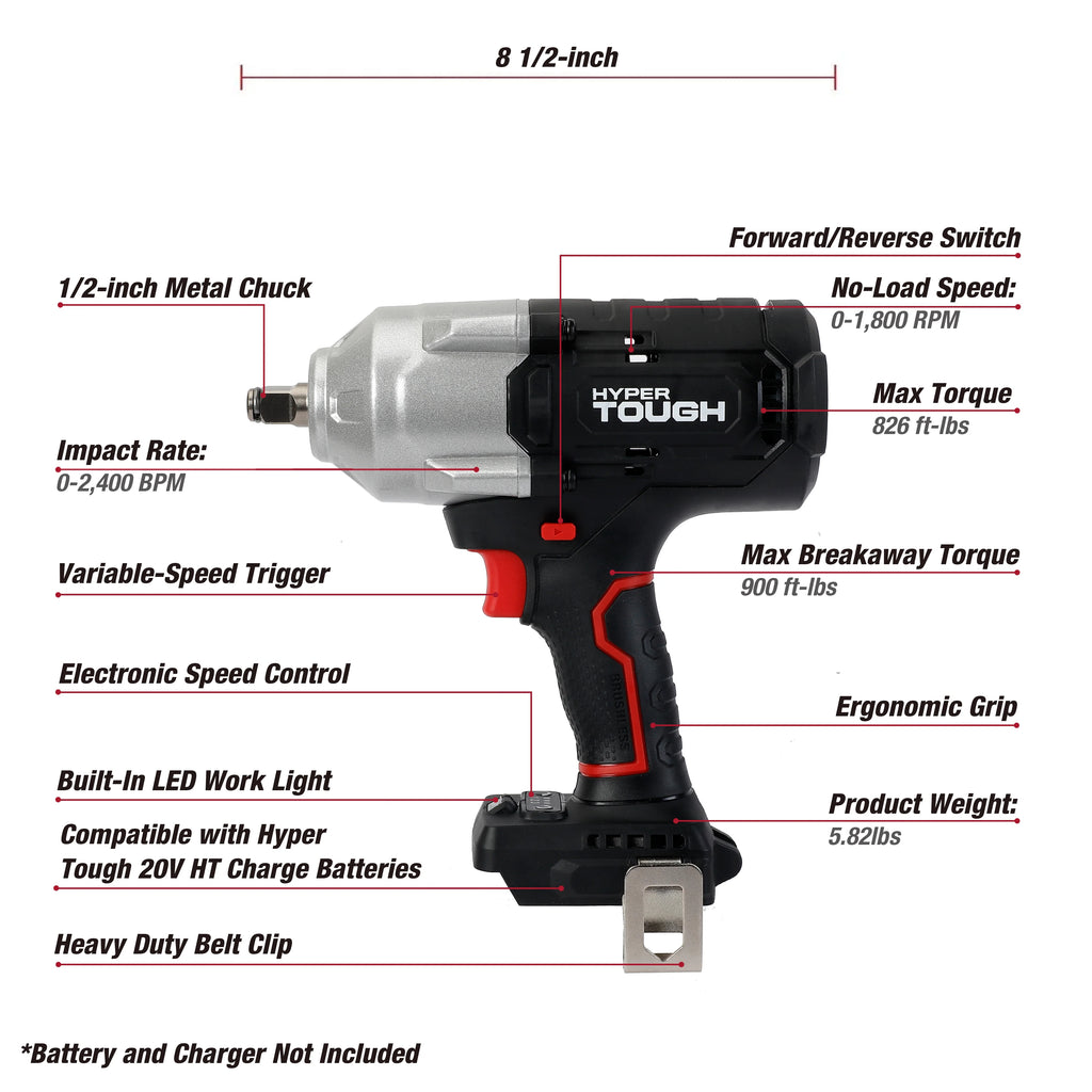 Hyper Tough 20V Max Brushless 1/2-inch High-Torque Cordless Impact Wrench with 4.0Ah Lithium-Ion Battery and Charger