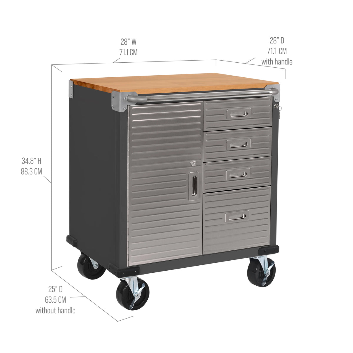 Seville Classics UltraHD® Heavy Duty Rolling Cabinet Workbench Table w/ Solid Wood Top, Workstation for Garage, Office, Workshop, Granite, 1-Door, 4-Drawer (28" W x 25" D)