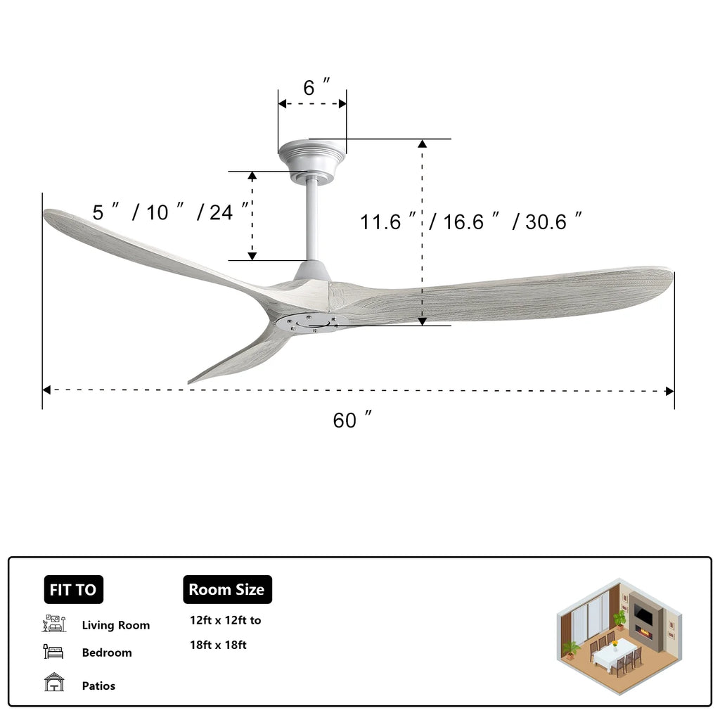 Sofucor 60" Modern Ceiling Fans No Light With Remote Control For Living Room Porch