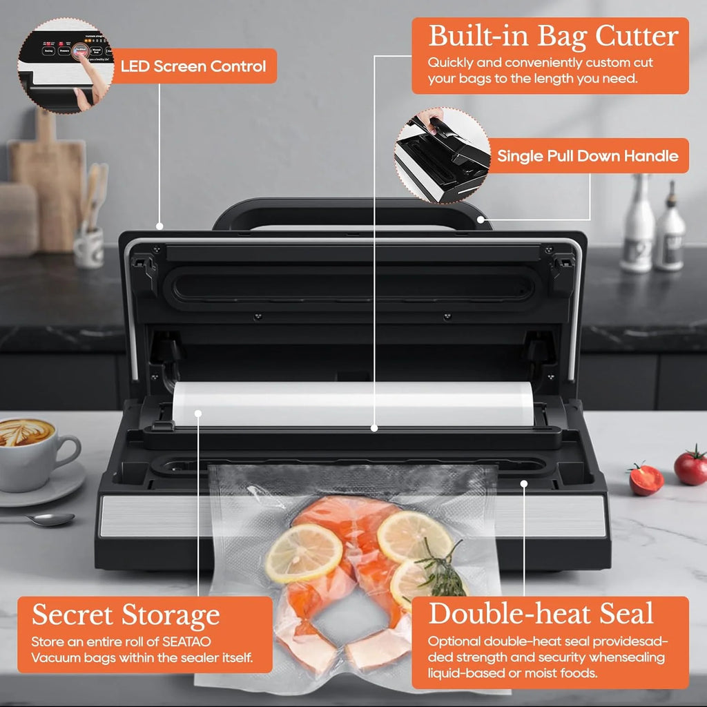 Upgraded Vacuum Sealer for Liquid, 90Kpa Vacuum Sealer Machine for Dry/Moist/Liquid Food, Easy-Lock Handle, Double Heat Seal, Built-in Cutter and Bag Storage & Removable Drip Tray