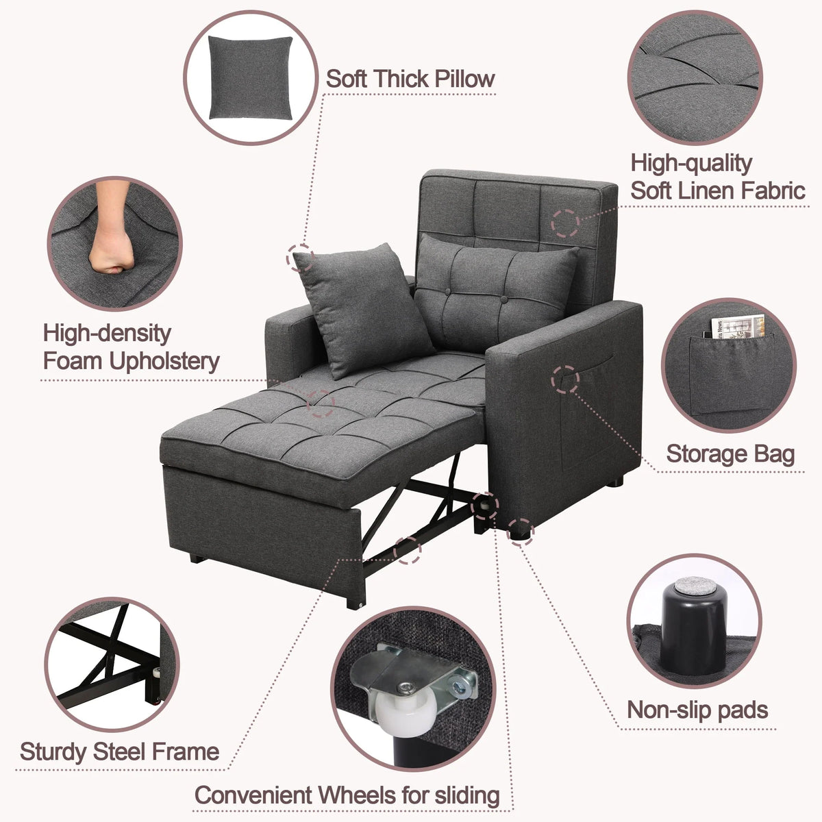 Tolead 3-in-1 Convertible Sofa Bed Sleeper Chair with Adjustable Backrest, Gray