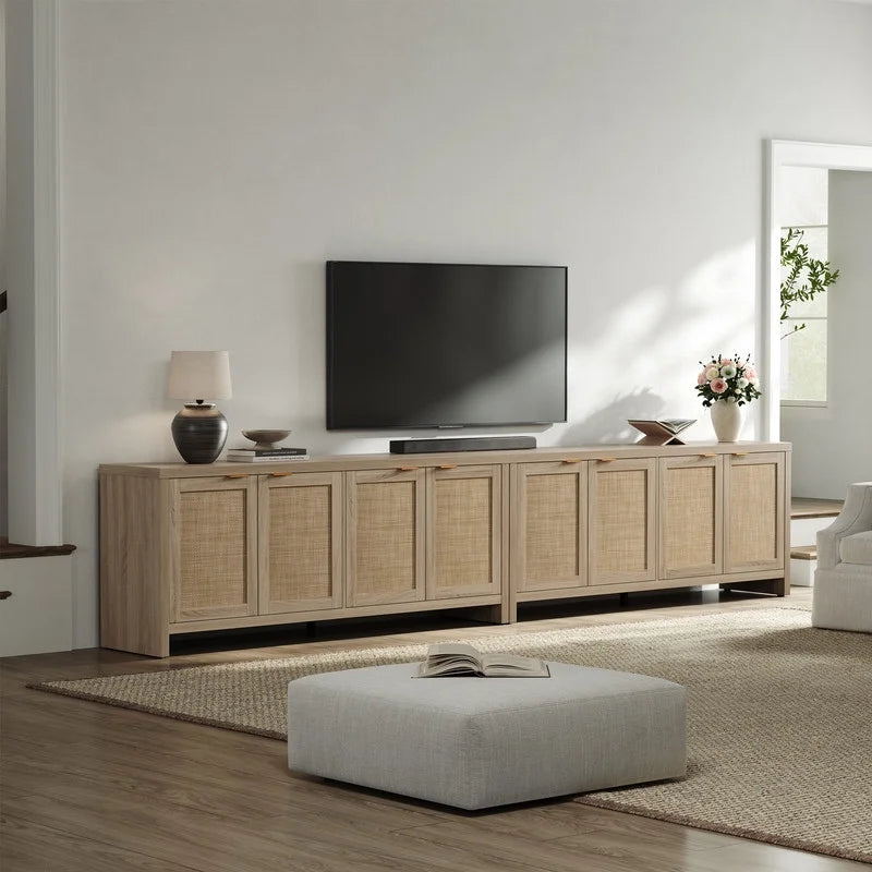 SICOTAS 61.5"W Rattan TV Stand with 4 Doors, Boho Entertainment Center with Adjustable Shelves & Spacious Countertop �C Large Boho Farmhouse Media Console for Living Room, Reclaimed Caramel Oak