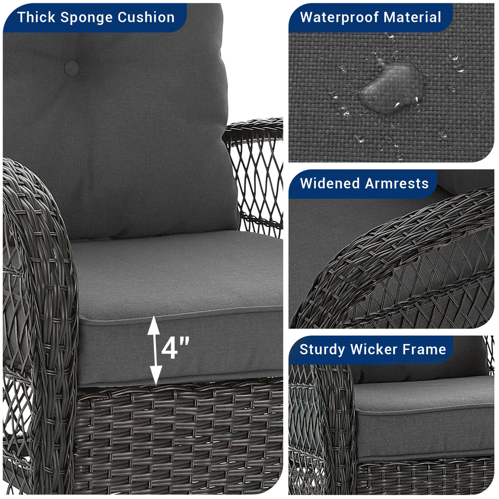 MRUAKA 3 Pieces Patio Furniture Set, Outdoor Swivel Gliders Rocker, Wicker Patio Bistro Set with Rattan Rocking Chair, Glass Top Side Table and Thickened Cushions (Khaki)
