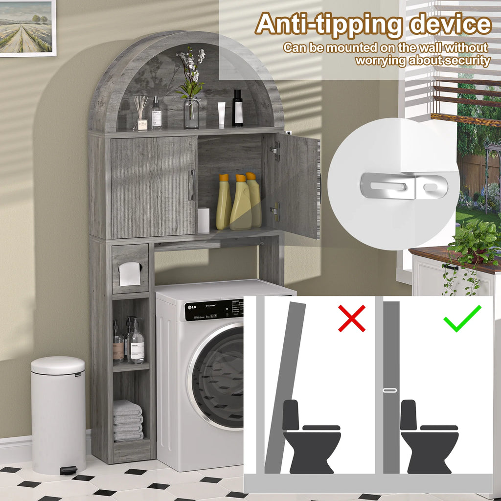 HARIPUL Over The Toilet Storage Cabinet w/ Unique Wood Grain & Arc Design, Freestanding Bathroom Shelf Organizer Space Saver w/ Doors & Anti-Tip Device, Wood Color