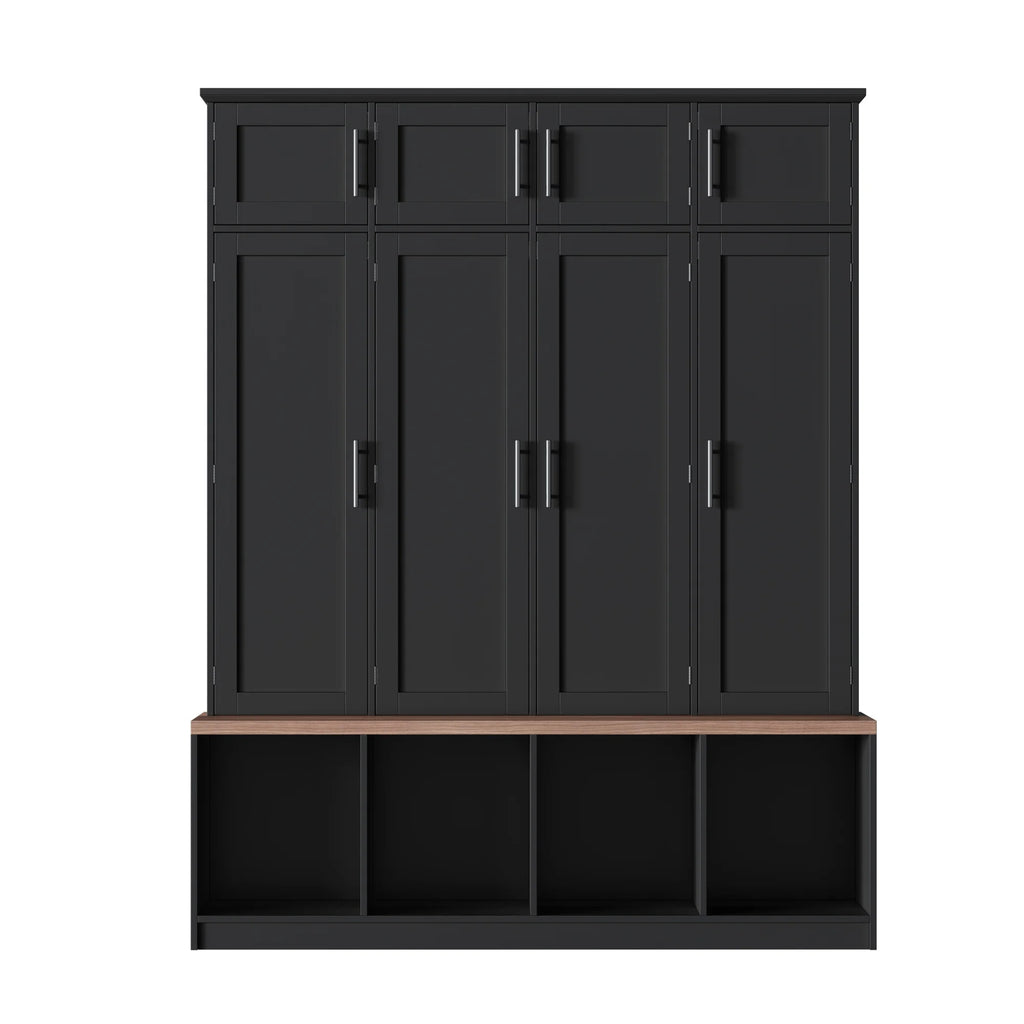 Euroco Entryway Hall Tree with Bench, Shoe Storage, Coat Hooks & Cabinets �C Walnut Finish, Anti-Tip Design, Modern Mudroom Organizer