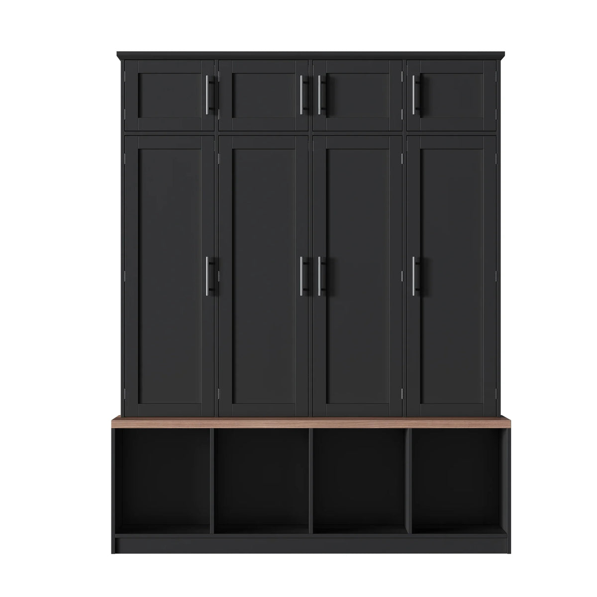 Euroco Entryway Hall Tree with Bench, Shoe Storage, Coat Hooks & Cabinets �C Walnut Finish, Anti-Tip Design, Modern Mudroom Organizer
