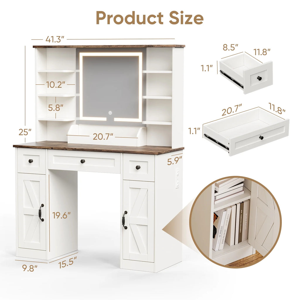Vanity Desk with Chair, White Makeup Desk Set with Mirror & LED Lights, Vanity Table with Power Strip, 2 Drawers, 4 Shelves