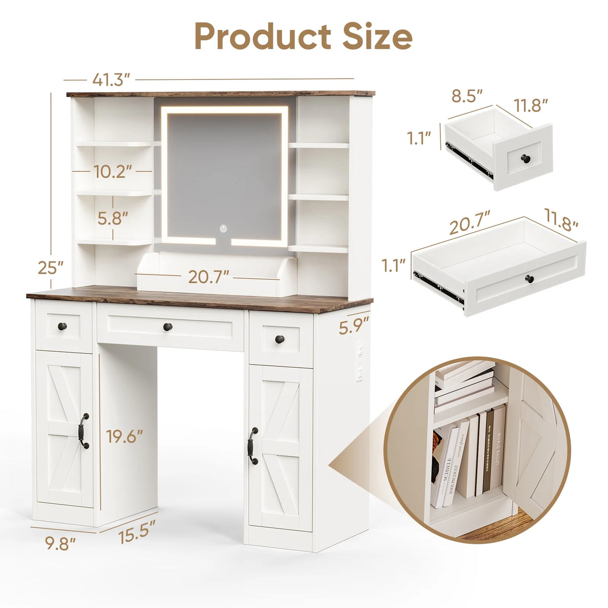 Vanity Desk with Chair, White Makeup Desk Set with Mirror & LED Lights, Vanity Table with Power Strip, 2 Drawers, 4 Shelves