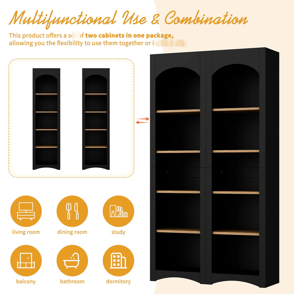 72"h Pantry Pair, 2 , Adjustable Shelves, , Black Finish 2 Bookcase , Cabinet With Vintage Style