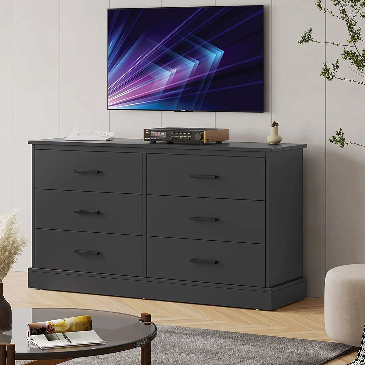 Black Double Dresser with 6 Drawers for Bedroom, Wood Large Chest of Drawers Storage Tower Clothes Organizer