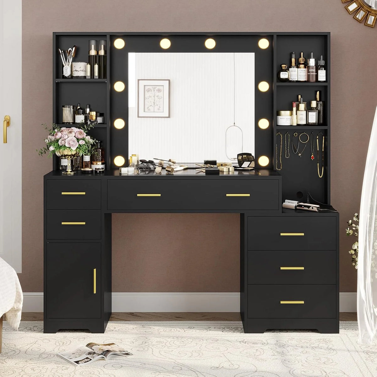Aunfebrco White Vanity Desk Makeup Vanity Table with Mirror and Lights and Charging Station, Large Dressing Table with Storage Cabinet&6 Drawers&4 Storage Shelves for Bedroom
