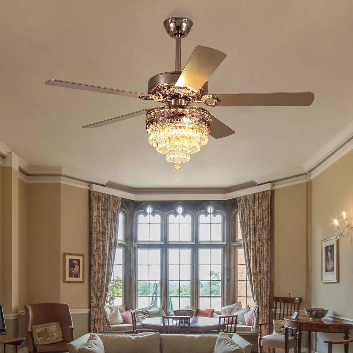 YIOSI 52" Crystal Ceiling Fan Fandelier with Remote Control, Modern Chrome Chandelier Ceiling Fan, Whisper-Quiet Motor, Reversible Blades, LED Lighting, Energy-Efficient, Elegant Living Room Fan