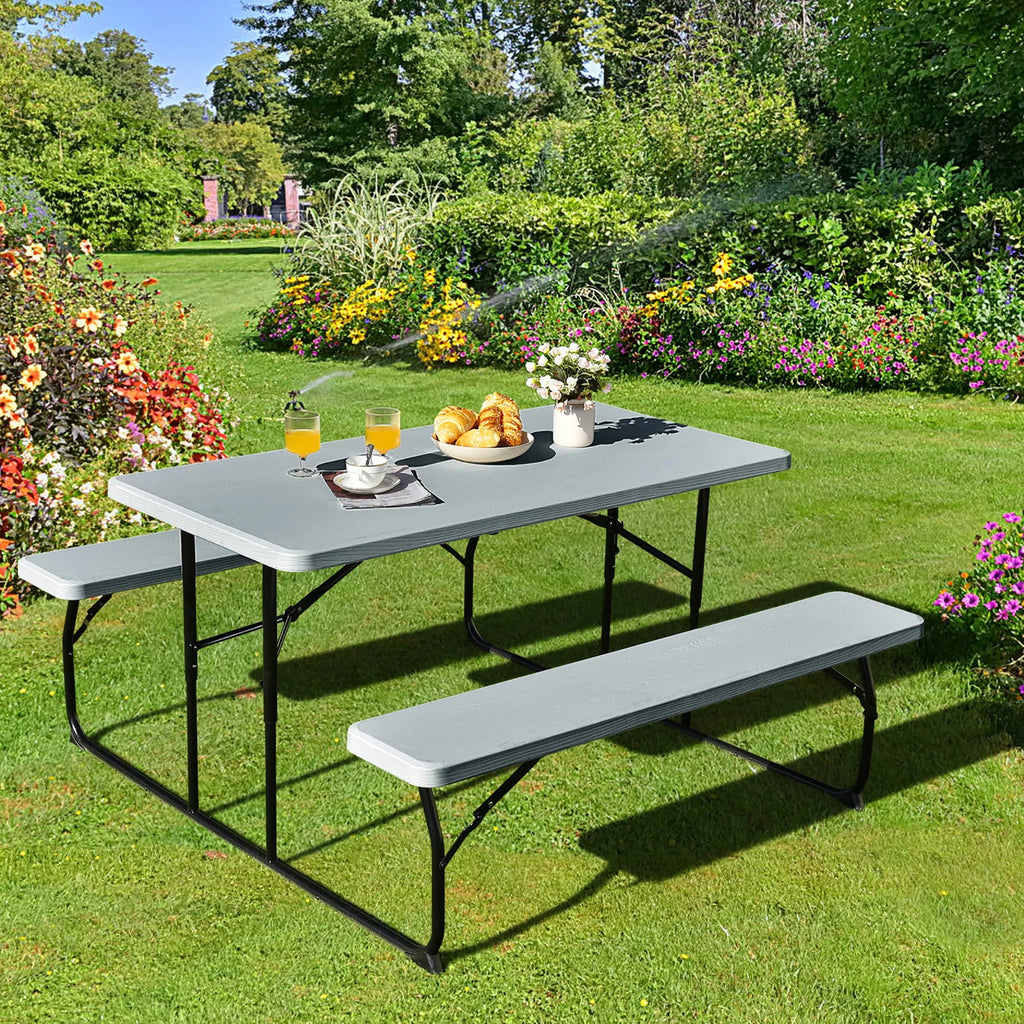 Costway Indoor & Outdoor Folding Picnic Table Bench Set w/ Wood-like Texture Grey