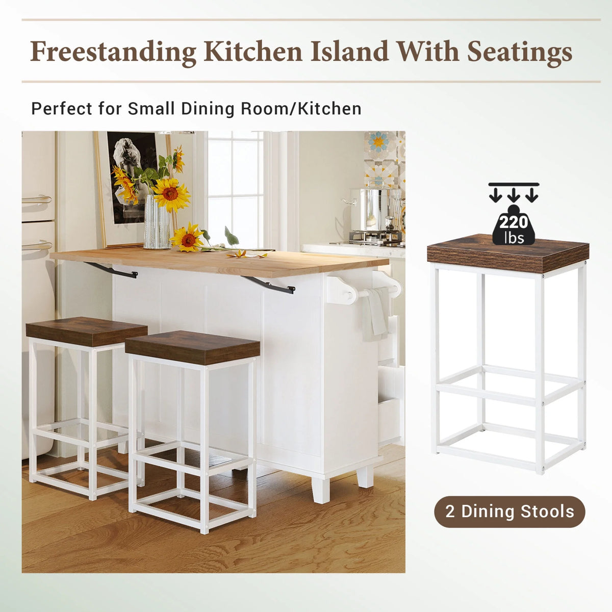 Kitchen Island with Storage, Portable Kitchen Island on Wheels with Drop-Leaf and 2 Stools, Built-in 4 Drawers and Towel Rack, Rolling Kitchen Island Cart for Home, Kitchen and Dining Room, White