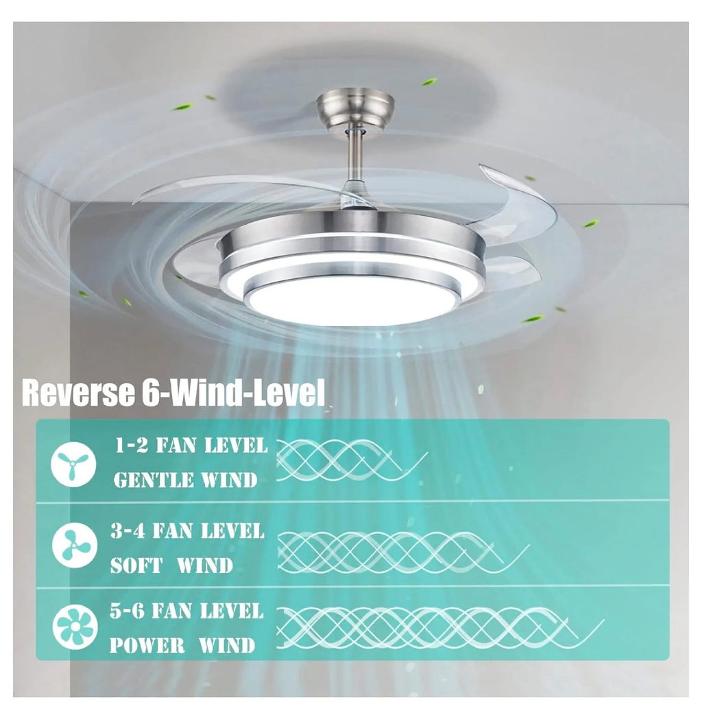 XylehR 42" Modern Ceiling Light with Fans Control, 4 Retractable Blades with 3 Light Color Change Ceiling Fan for Living Bedroom Restaurant, Silver Color with Silent Motor (42In-1 Update)