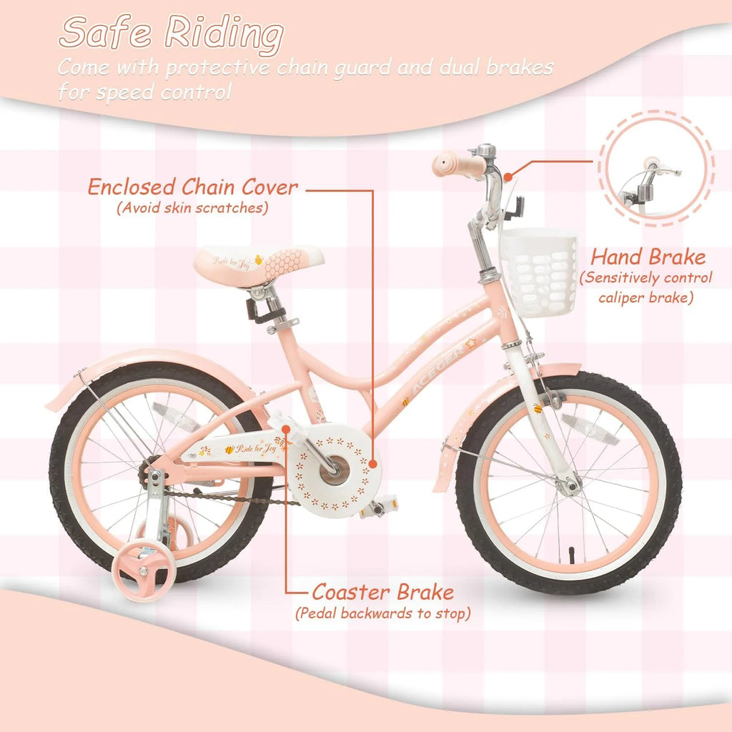 ACEGER 16 Inch Bike with Basket and Training Wheels for Girls Ages 5-9, Pink