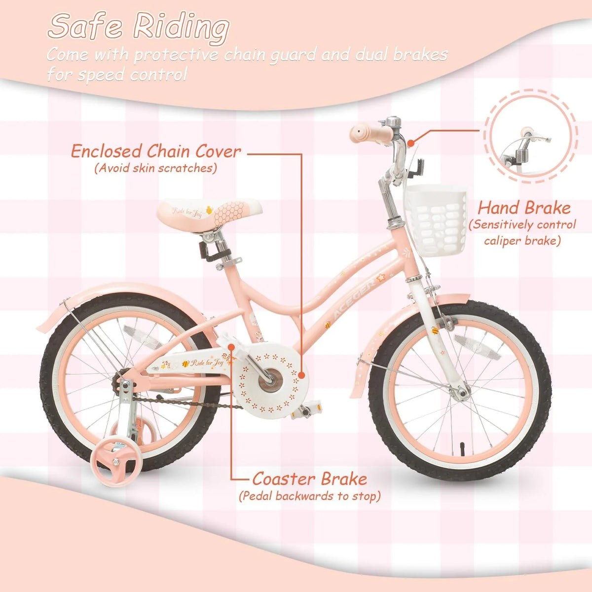 ACEGER 16 Inch Bike with Basket and Training Wheels for Girls Ages 5-9, Pink
