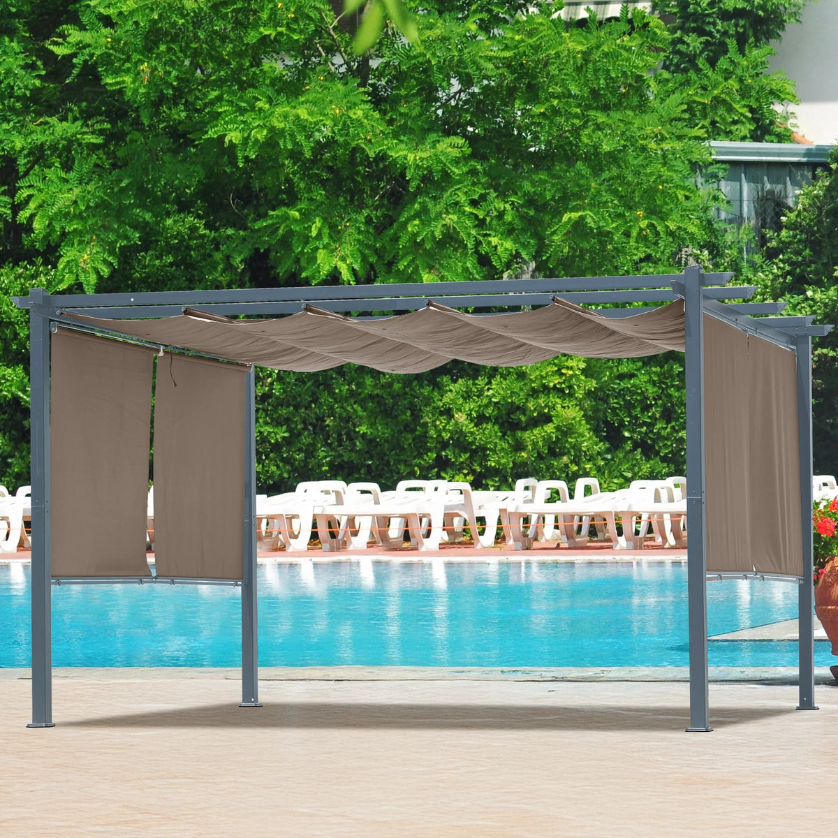 Aoodor 10 x 10 ft. Outdoor Pergola with Retractable Canopy and Sunshade Roller Curtains, Aluminum Frame Grape Trellis Pergola for Patio Backyard and Deck - Gray