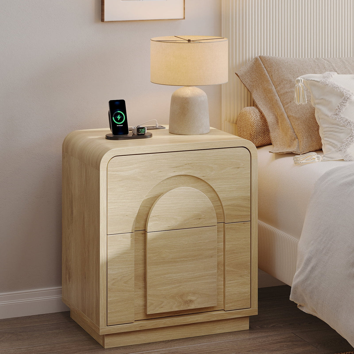 Bestier Nightstands Set of 2 with Charging Station, Modern Bedside Table End Table with Storage Drawer & Open Shelf for Bedroom Living Room Dorm Office, Natural