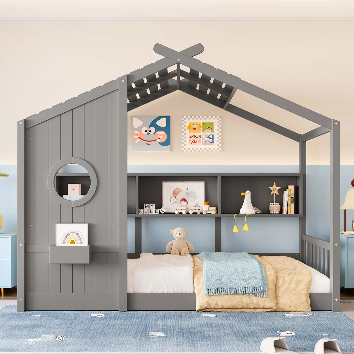 Miniyam Twin Size Montessori Floor House Bed with Roof Design and Storage Shelf for Kids, White