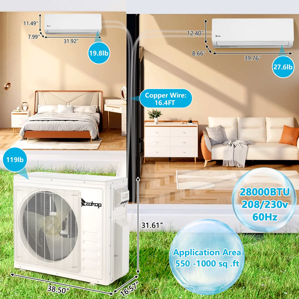 Ktaxon 2 Zone 9000 + 9000 BTU WIFI Mini Split AC/Heating System, 19 SEER2 Dual Zone 18000 BTU Ductless Split Air Conditioner with Pre-Charged Condenser, Heat Pump & 25Ft Installation Kit, 208-230V