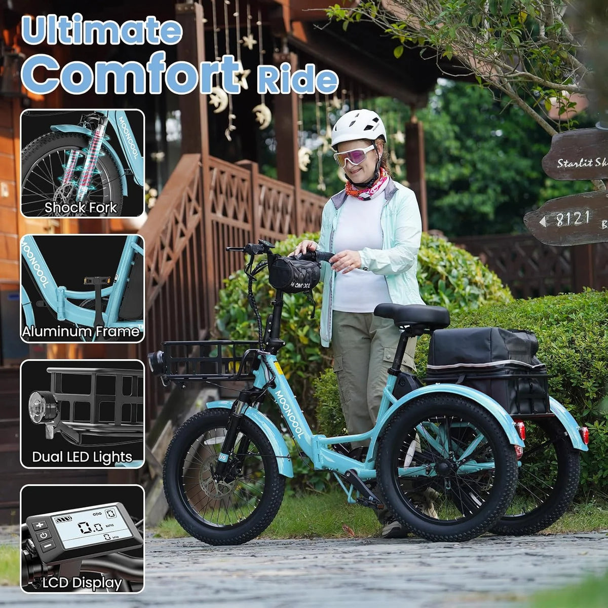 MOONCOOL TK1 Folding Electric Tricycle for Adults,48V 14.5Ah Removable battery, 500W（Peak 1000w）Motor, 20" Fat Tire Step-Thru 3Wheel Electric Bicycle w/Front&Rear Baskets, Certified to UL 2849 by SGS