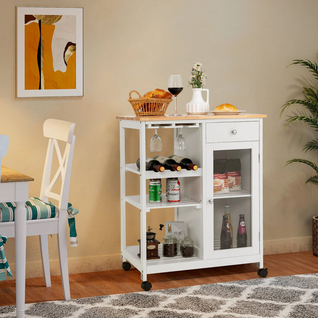 Costway Rolling Kitchen Island Wood Top Trolley Cart Storage Cabinet w/Shelf & Wine Rack
