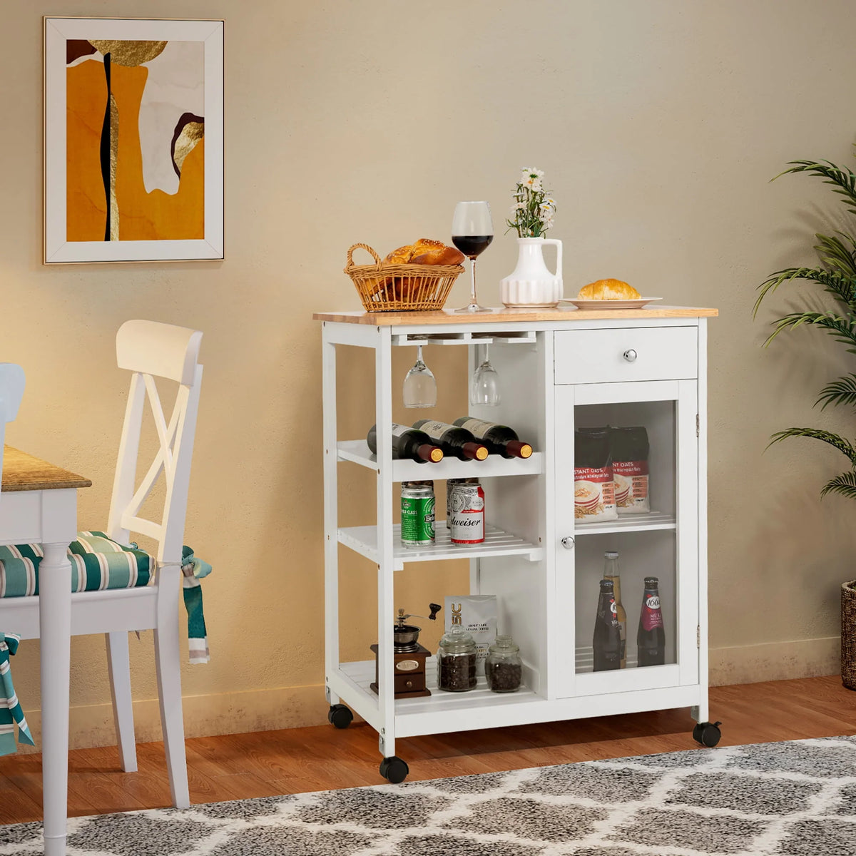 Costway Rolling Kitchen Island Wood Top Trolley Cart Storage Cabinet w/Shelf & Wine Rack