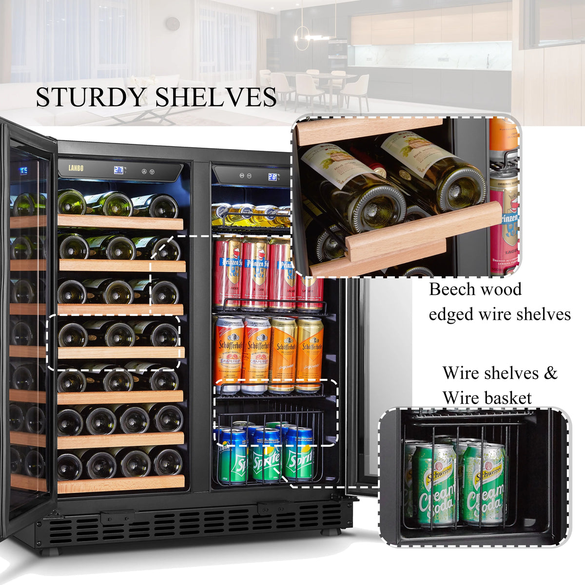 Lanbo 76 Can 31 Bottle Under Counter Dual Zone Wine Refrigerator and Beverage Cooler 30 inch Width