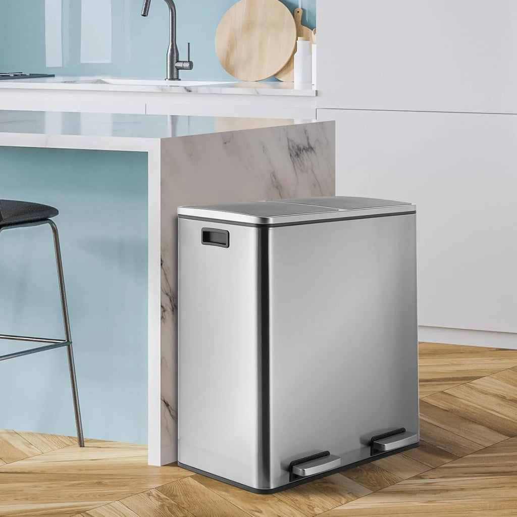 LAZY BUDDY Dual Garbage Can, Stainless Steel 16 Gallon Step Kitchen Trash Can with Soft-Close Lid, Double Compartment Garbage Recycling Bin