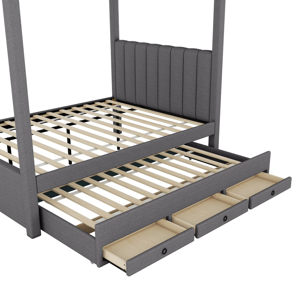 EUROCO Upholstered Full Size Canopy Bed Frame with Trundle Bed and 3 Drawers, Platform Bed with Headboard for Kids Teens Adults, Beige