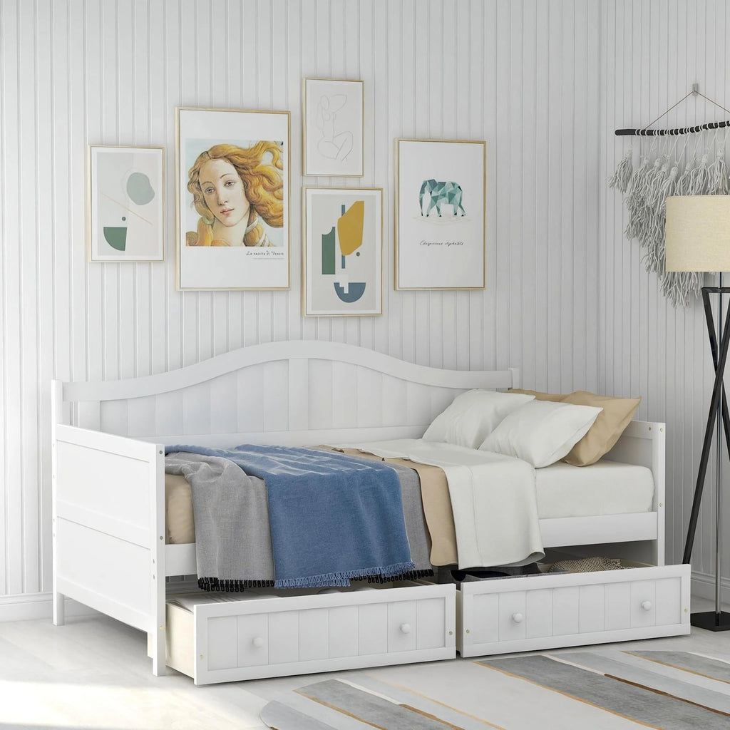 Twin Daybed with 2 Storage Drawers, Indoor Outdoor Sofa Day Bed Frame for Bedroom Living Room, White 78.2x42.3x35.4inch