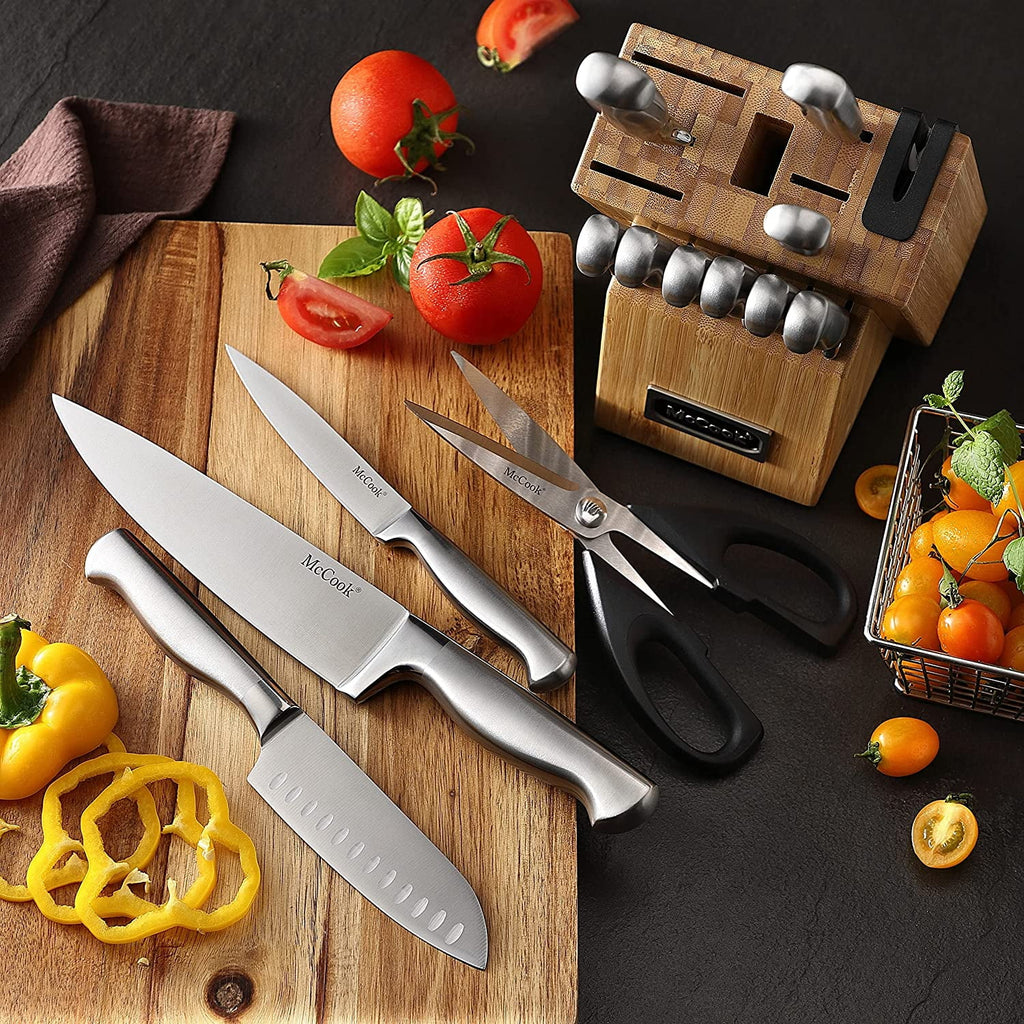 McCook MC29 Knife Sets, 15 Pieces German Stainless Steel Kitchen Knife Block Sets with Built-in Sharpener