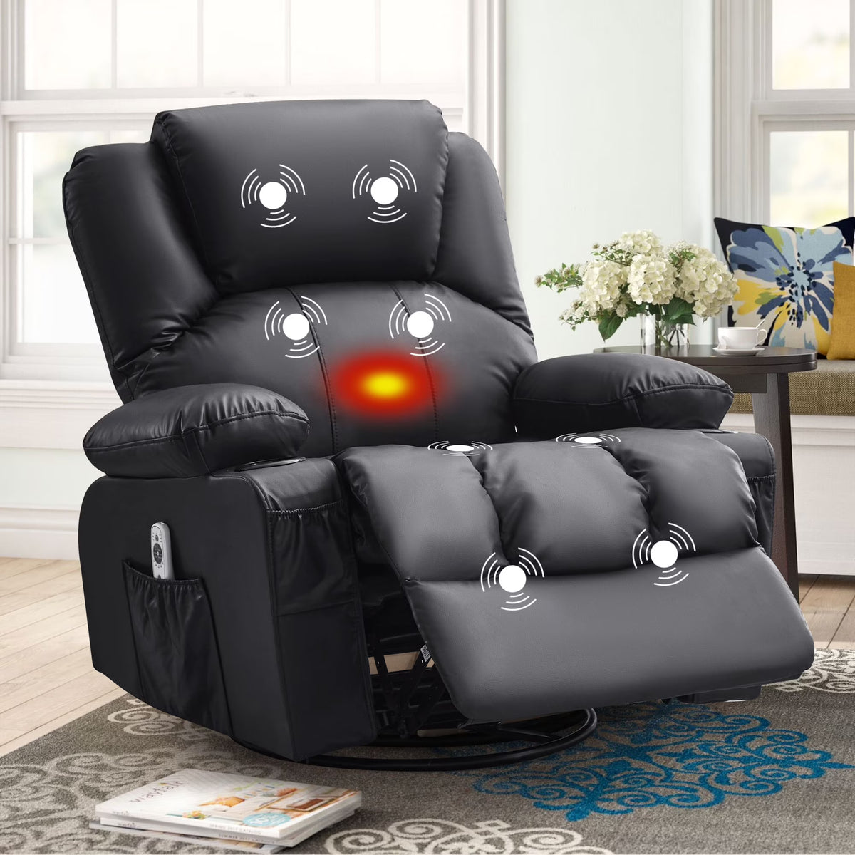 JONPONY Manual Recliner Chair with Heat Therapy and Massage Function, Heavy Duty Reclining Mechanism Massage Chair, Elderly Single Rocker Sofa with Cup Holders for Bedroom Home Theater,Black