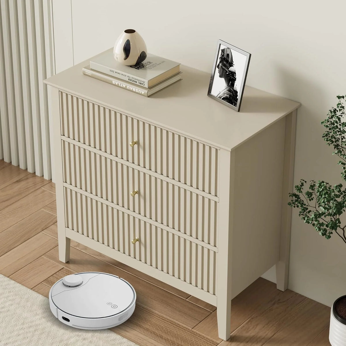 Heynemo Beige 6 Drawer Dresser, Fluted Modern Wood Chest